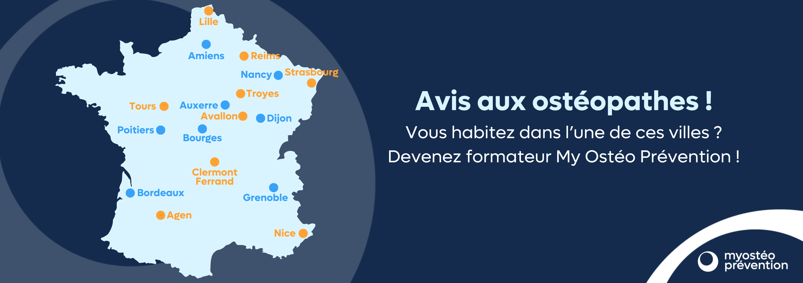 Carte des villes pour le recrutement des ostéopathes formateurs, session de novembre 2025 - My Ostéo Prévention