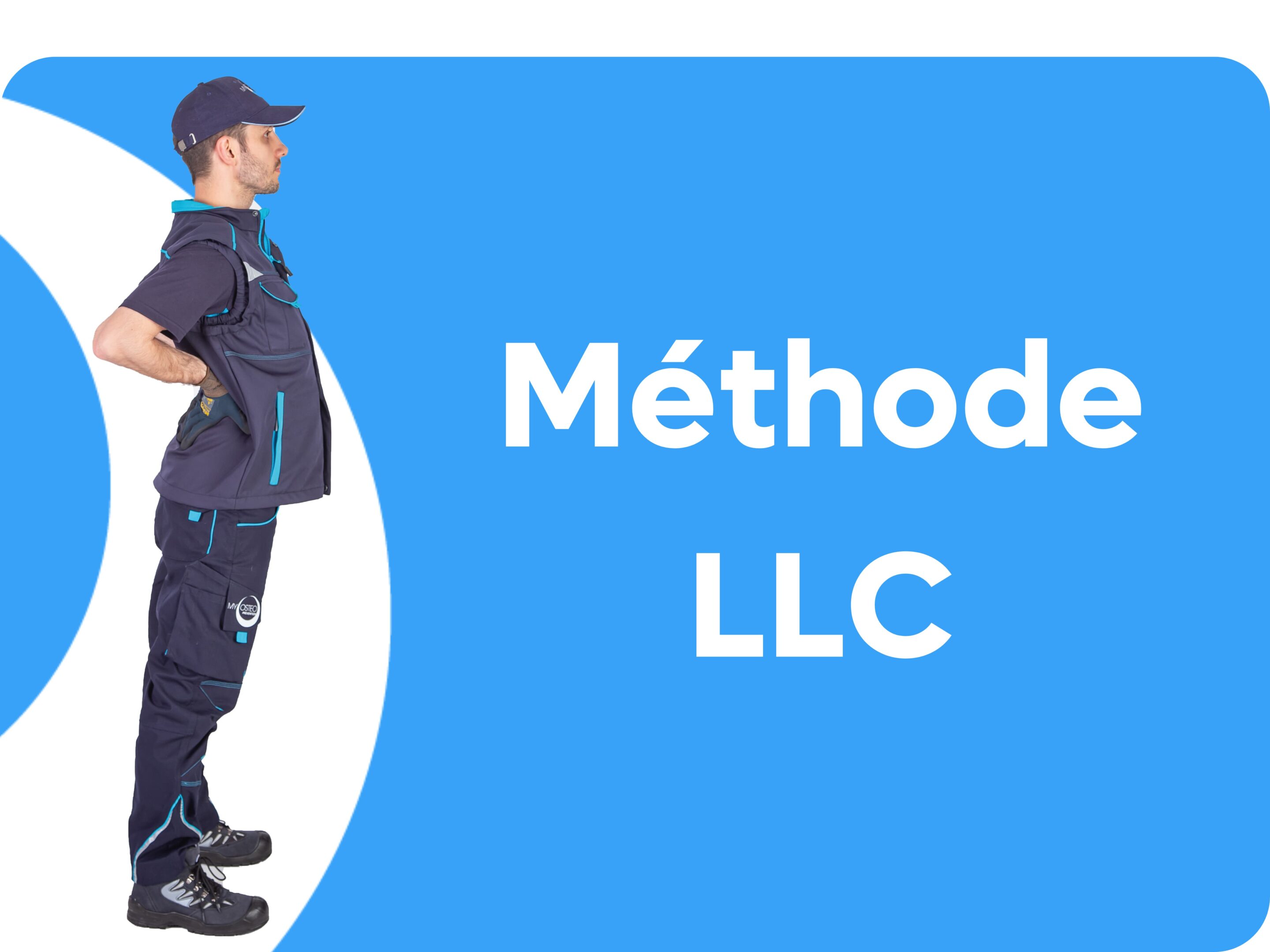 Homme dans un demi cercle blanc sur fond bleu turquoise qui se tient le bas du dos, il pratique un exercice de protection du dos au travail